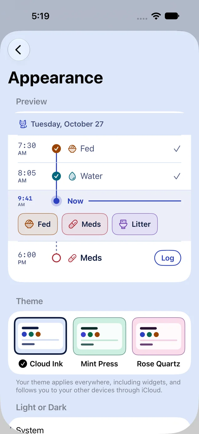 Paw Crew's Appearance settings: a preview of the Day Ledger above the three themes, Cloud Ink, Mint Press and Rose Quartz