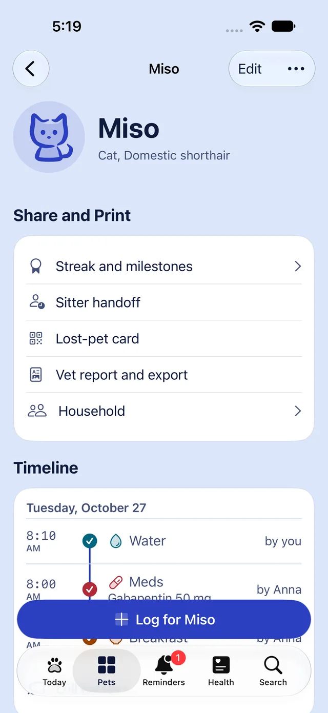 Miso's profile: Share and Print tools above the pet's timeline