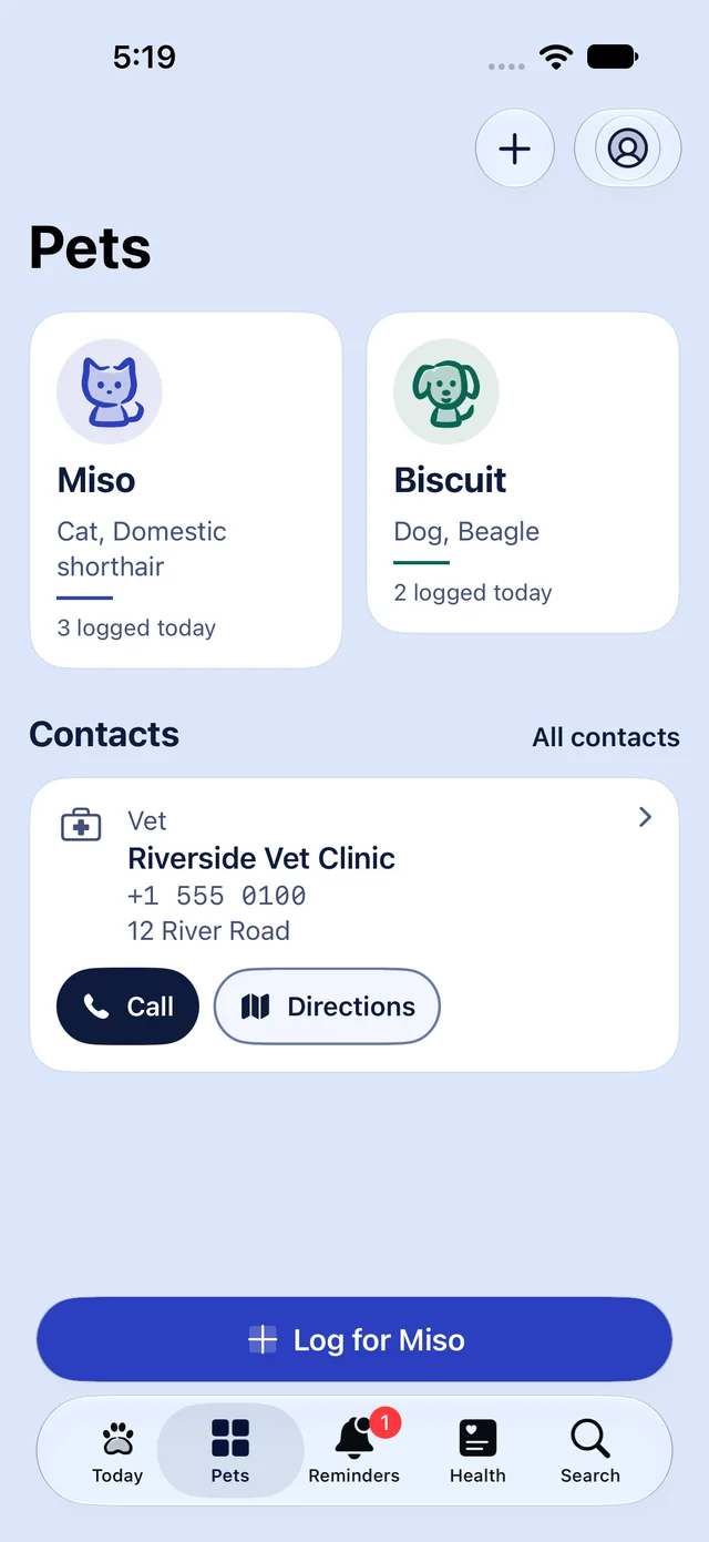 The Pets tab: Miso the cat and Biscuit the beagle, with the vet clinic's contact below