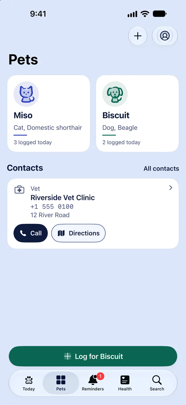 The Pets tab: Miso the cat and Biscuit the beagle, and Riverside Vet Clinic with Call and Directions