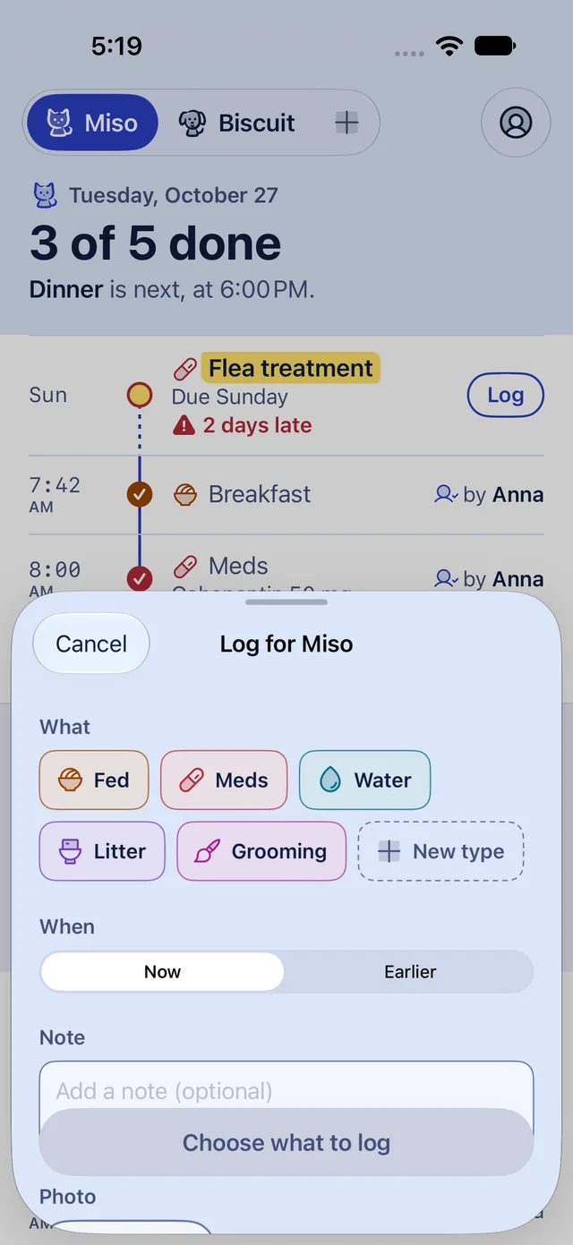 The Log for Miso sheet: pick Fed, Meds, Water, Litter or Grooming, now or at an earlier time