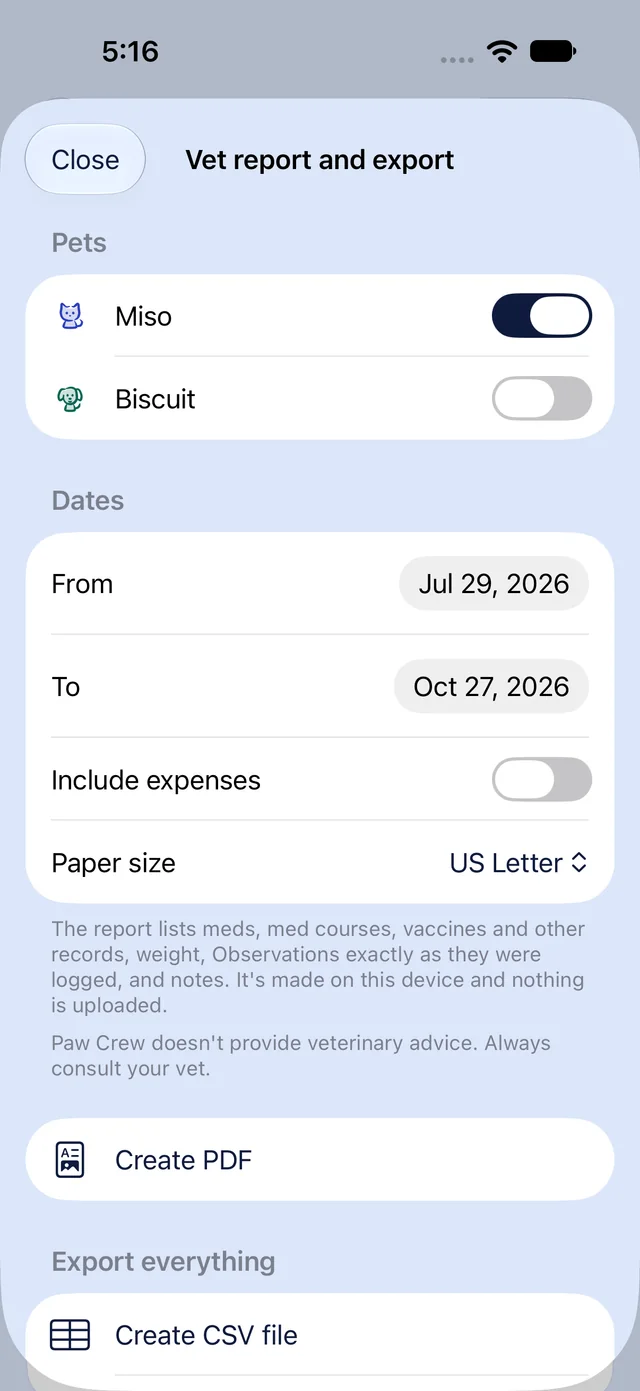 Vet report and export: choose the pets and the dates, then create a PDF or a CSV file