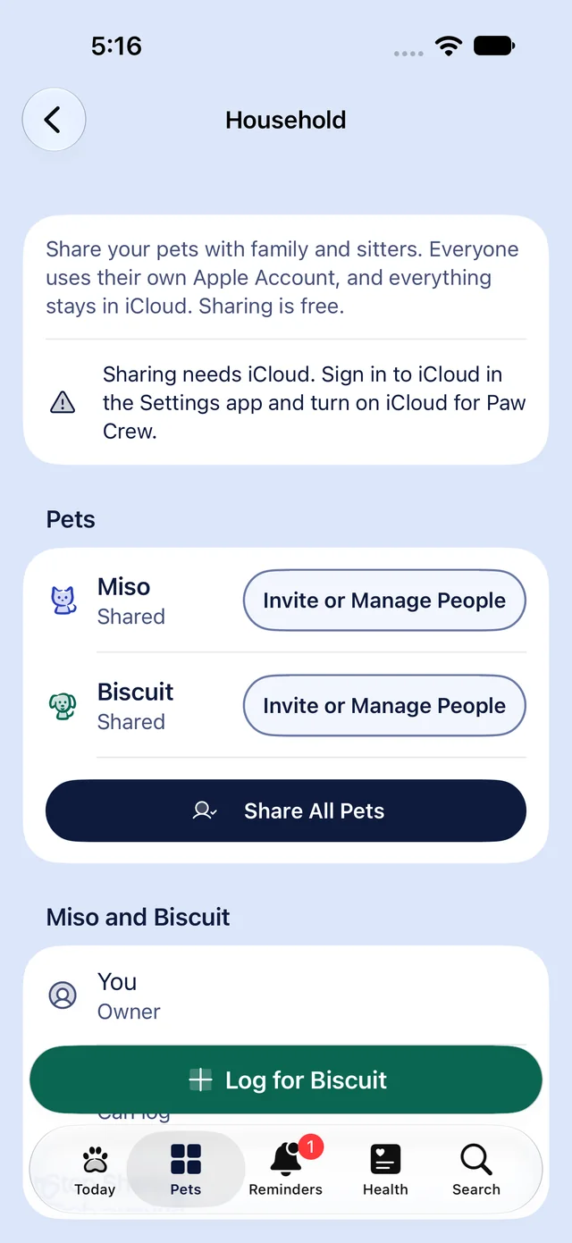 Household settings: Miso and Biscuit shared, Invite or Manage People beside each, and Share All Pets