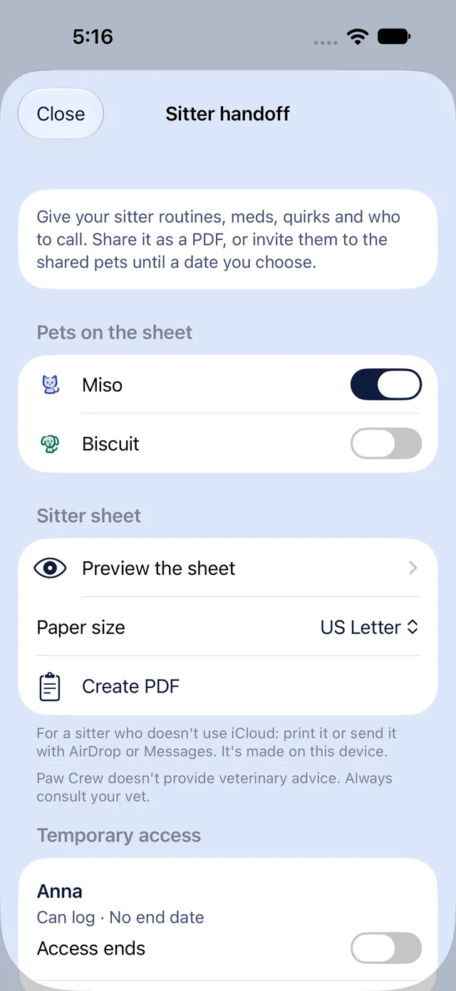 Sitter handoff: choose the pets for a sitter sheet PDF, or give a sitter access until a date you pick